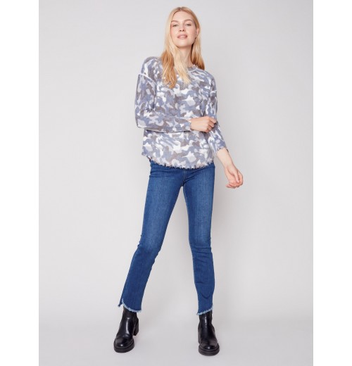 Reversible Printed Sweater with Frayed Edge - Denim Reversible Printed Sweater with Frayed Edge - Denim