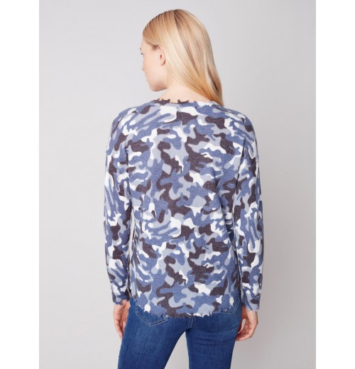 Reversible Printed Sweater with Frayed Edge - Denim Reversible Printed Sweater with Frayed Edge - Denim